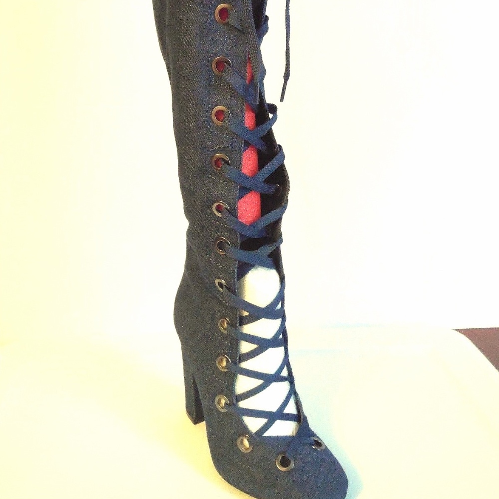 Yoki Millies 18 Denim Grommet Lace Up Knee Boots